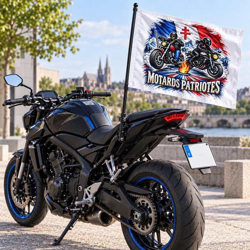 Drapeau des Motards Patriotes monté sur une hampe noire à l'arrière d'un
                  roadster noir et bleu, garé au bord d'un fleuve devant une ville.