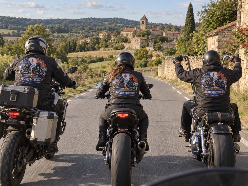 Trois motards vus de dos, roulant en formation en quinconce sur une route de
                  campagne, vers un village de pierre. Chacun porte le grand écusson dorsal des
                  Motards Patriotes dans le dos de son blouson.