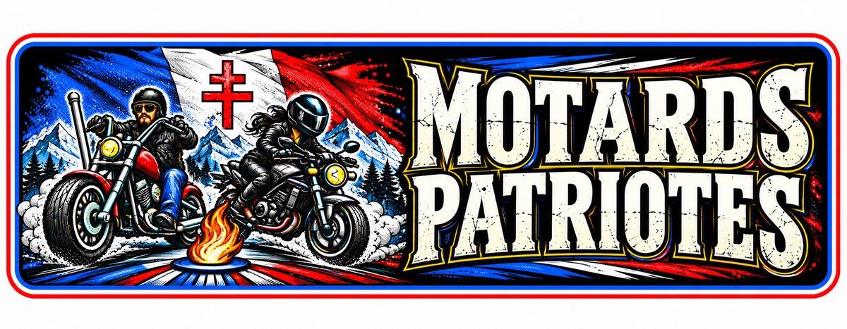 Autocollant rectangulaire des Motards Patriotes : à gauche, deux motards lancés
                  devant le drapeau français frappé de la croix de Lorraine ; à droite, le nom du
                  groupe en lettres capitales ; liseré bleu, blanc et rouge tout autour.