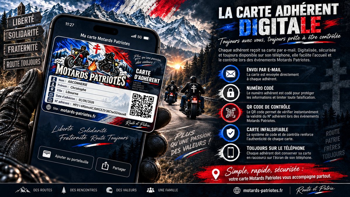 Présentation de la carte d'adhérent numérique des Motards Patriotes affichée sur
                un téléphone : nom, prénom, ville, date d'adhésion, numéro adhérent codé et QR
                code de contrôle, avec le détail des cinq caractéristiques de la carte.