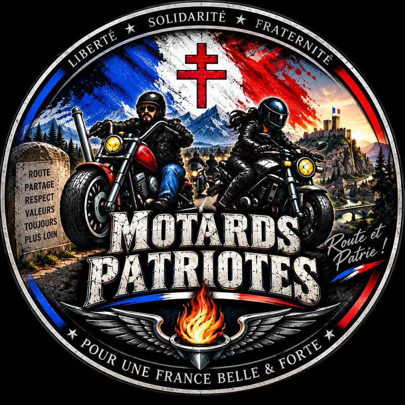 Emblème rond des Motards Patriotes : deux motards, un homme et une femme, devant
                un drapeau français frappé de la croix de Lorraine, montagnes, château fort,
                borne portant les valeurs du groupe, flamme et ailes en partie basse, couronne
                portant les mots Liberté, Solidarité, Fraternité.