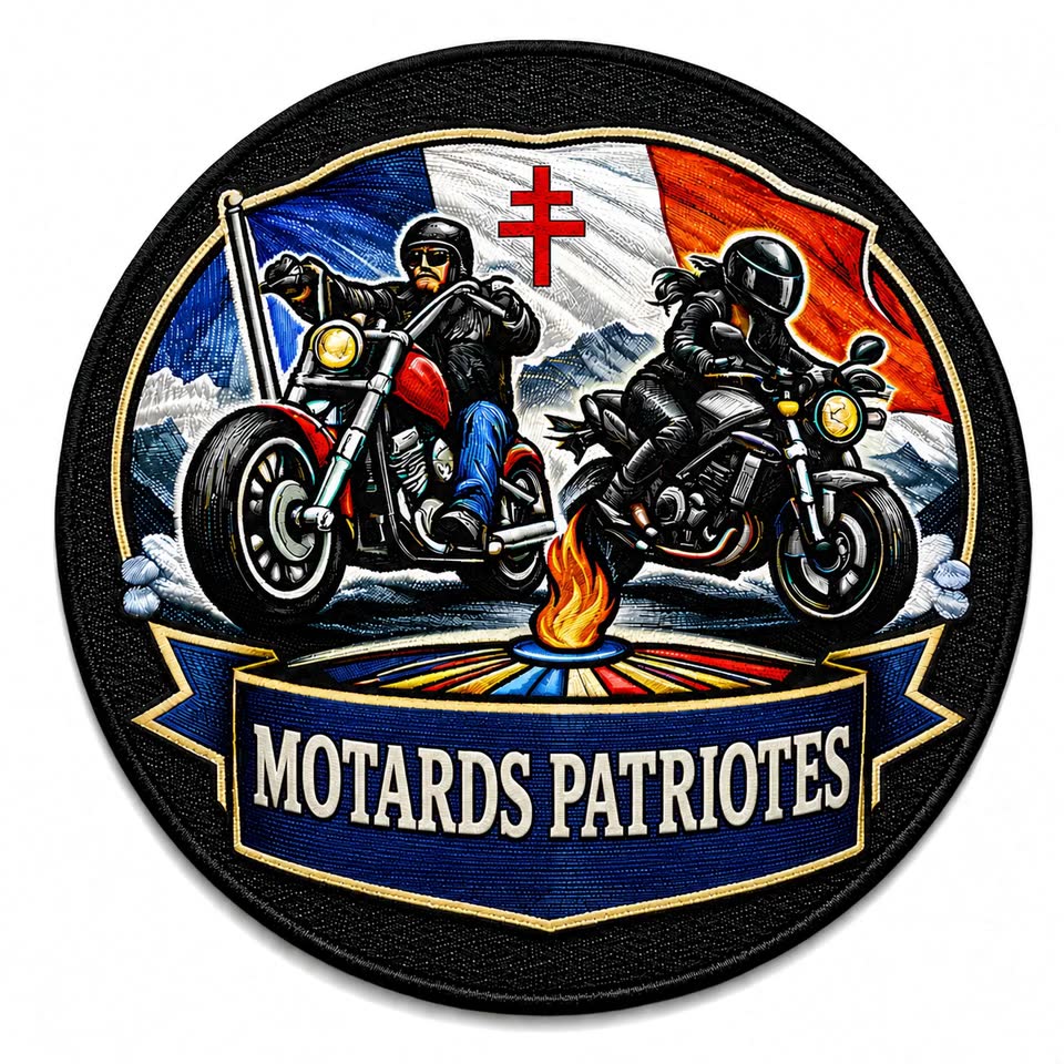 Écusson des Motards Patriotes : deux motards devant le drapeau français
                    frappé de la croix de Lorraine, sur fond de montagnes.